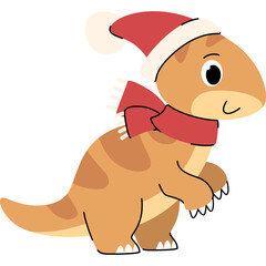 Cute Cartoon Dinosaur Wearing Red Santa Hat and Scarf For Christmas Celebration White Background...