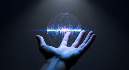 Open palm presenting a luminous digital sphere with bright blue light and intricate network patterns.