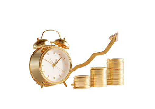 Golden clock, rising coins, arrow on black background