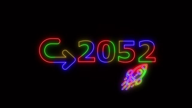 Neon glowing 4 ti neon color rocket launch with 2052 target goal symbol, futuristic business growth concept animation for Stuart success and achievement presentation