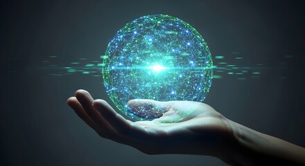 Hand holding a glowing digital sphere with interconnected lines and nodes, representing technology and data.