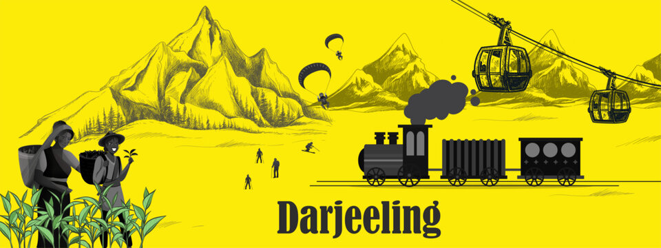 Darjeeling Skyline Sketch with Tiger Hill, Batasia Loop, and Kanchenjunga View &ndash; Cultural Travel Art for Tourism Poster and Wall Decor | Darjeeling Heritage Skyline Illustration