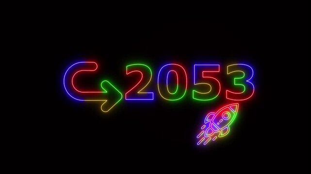 Neon glowing 4 ti neon color rocket launch with 2053 target goal symbol, futuristic business growth concept animation for Stuart success and achievement presentation