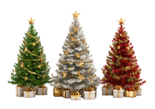 Three festive, decorated Christmas trees with gifts below