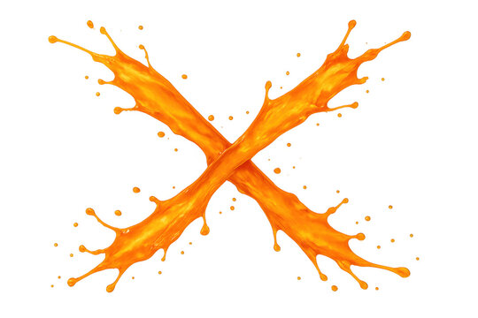 Orange liquid splashing, forming dynamic cross shape, fresh juice pouring with droplets on transparent background - Powered by Adobe