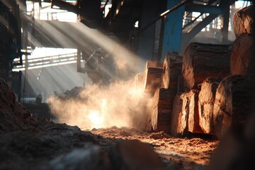 Sunlight rays illuminating logs being cut at the sawmill