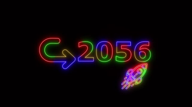 Neon glowing 4 ti neon color rocket launch with 2056 target goal symbol, futuristic business growth concept animation for Stuart success and achievement presentation