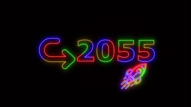 Neon glowing 4 ti neon color rocket launch with 2055 target goal symbol, futuristic business growth concept animation for Stuart success and achievement presentation
