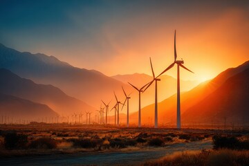 Obraz premium Wind turbines silhouetted in a field during a vibrant sunset