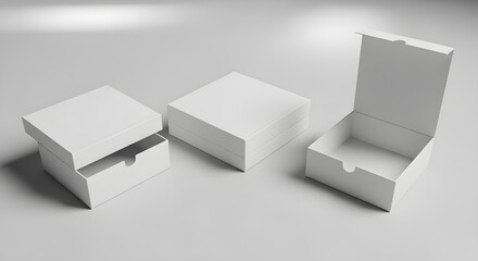 Three sleek white boxes&mdash;one ajar, one sealed, one fully open&mdash;sit in a clean, softly lit arrangement. 