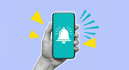 Concept of receiving a digital notification on a smartphone, with a ringing bell icon for alerts, reminders, and subscription updates