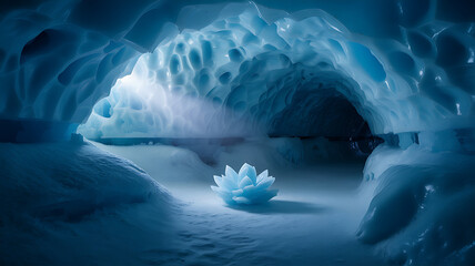 Mysterious glowing ice crystal formation inside a frozen cave with ethereal blue light illuminating the icy cavern