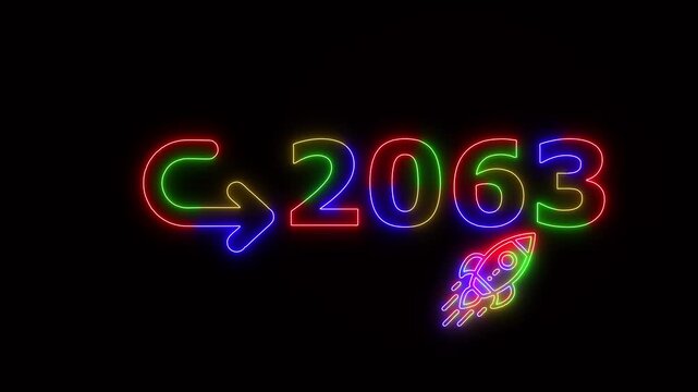 Neon glowing 4 ti neon color rocket launch with 2063 target goal symbol, futuristic business growth concept animation for Stuart success and achievement presentation