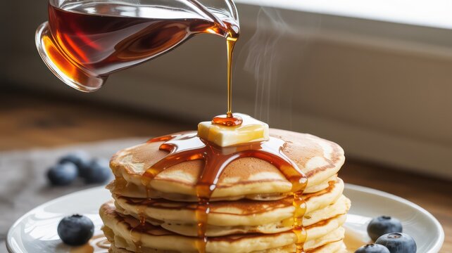 Maple syrup pouring over a stack of hot, fluffy pancakes with melting butter and blueberries for a delicious breakfast.