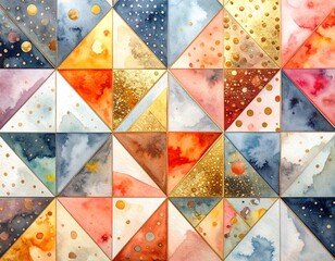 Abstract colorful watercolor background with geometric triangular shapes and glowing gold foil elements, perfect for modern and luxury design