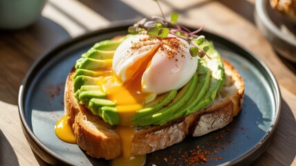 Healthy brunch of gourmet avocado toast with a perfectly poached egg and runny yolk, served by a sunny window.