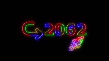 Neon glowing 4 ti neon color rocket launch with 2062 target goal symbol, futuristic business growth concept animation for Stuart success and achievement presentation