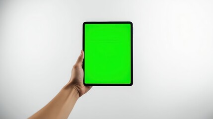 Person holding tablet with green screen on white background