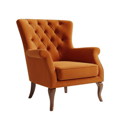 Wingback chair with tufted upholstery in burnt orange isolated on transparent background