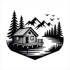 Mountain cabin with forest path scenic vector illustration
