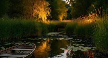 Fototapeta premium Peaceful river landscape with an old wooden boat during a warm, golden sunset