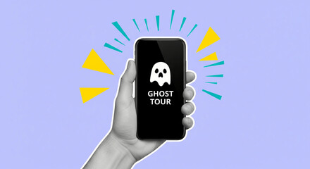 Exploring supernatural tales with a modern ghost tour mobile app on a smartphone held by a person against a purple background