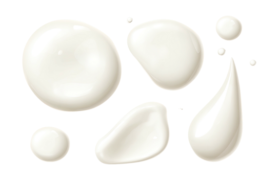 Creamy white fluid blobs, various shapes, flat lay on black