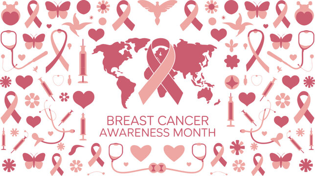 Breast Cancer Awareness Month Pink Ribbon, World Map, Hearts, Stethoscope, Syringes, Butterflies, and Flowers Pattern