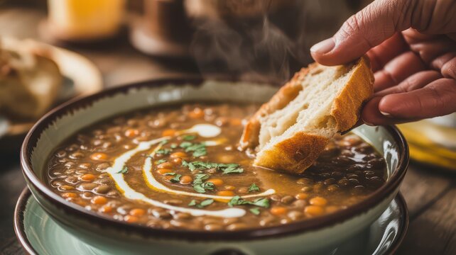 Close-up of a hand dipping crusty bread into a steaming bowl of rustic lentil soup. - Powered by Adobe