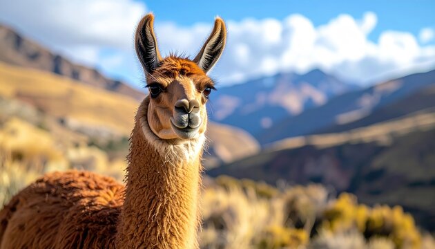 Close up Portrait of a Guanaco Standing in a Dry Mountainous Landscape on a Sunny Day