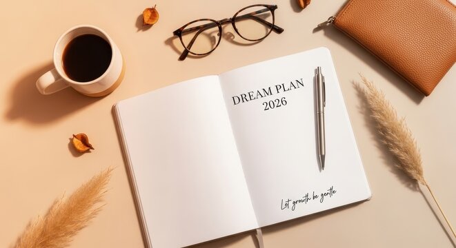 Open planner with pen and glasses on a work desk