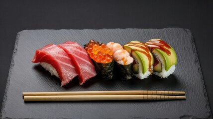 Gourmet sushi and sashimi platter with tuna, shrimp, and ikura on a reflective black background.
