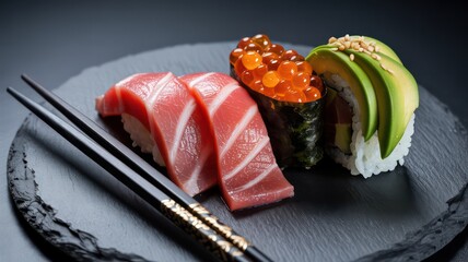 Gourmet sushi and sashimi platter with tuna, shrimp, and ikura on a reflective black background.