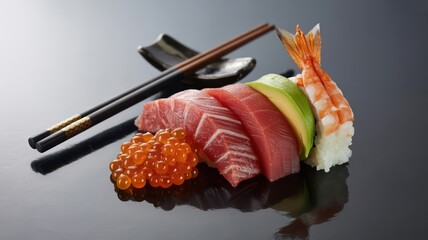 Gourmet sushi and sashimi platter with tuna, shrimp, and ikura on a reflective black background.