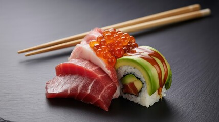 Gourmet sushi and sashimi platter with tuna, shrimp, and ikura on a reflective black background.