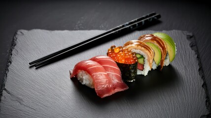 Gourmet sushi and sashimi platter with tuna, shrimp, and ikura on a reflective black background.