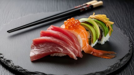 Gourmet sushi and sashimi platter with tuna, shrimp, and ikura on a reflective black background.
