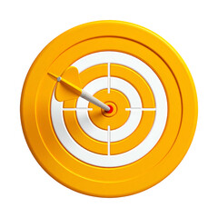 A gold and white dartboard with a dart in the bullseye, isolated on black