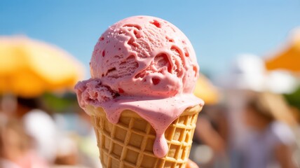 Melting scoop of strawberry ice cream in a waffle cone on a sunny day.