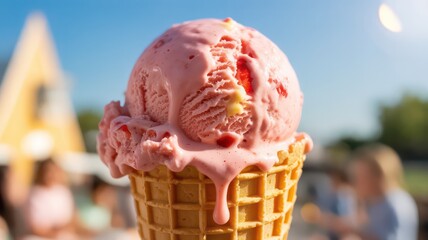 Melting scoop of strawberry ice cream in a waffle cone on a sunny day.