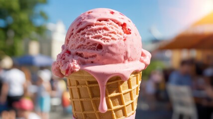 Melting scoop of strawberry ice cream in a waffle cone on a sunny day.