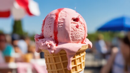 Melting scoop of strawberry ice cream in a waffle cone on a sunny day.