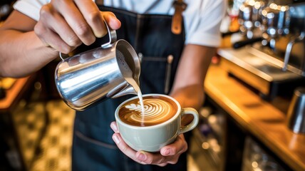 Professional barista crafting beautiful latte art in a coffee shop