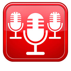 A shiny red square button with three white microphones