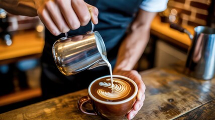 Professional barista crafting beautiful latte art in a coffee shop