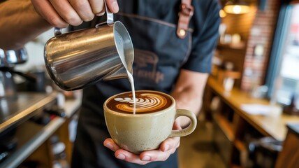 Professional barista crafting beautiful latte art in a coffee shop