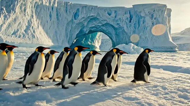 Slow-motion penguins waddling across Antarctic ice shelf, iceberg cathedral background.
