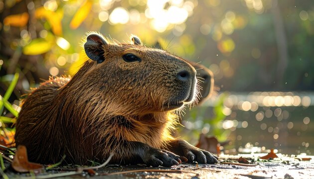 Close up of a Capybara resting by the water in the warm golden light of sunset with water droplets on its fur and a soft bokeh background