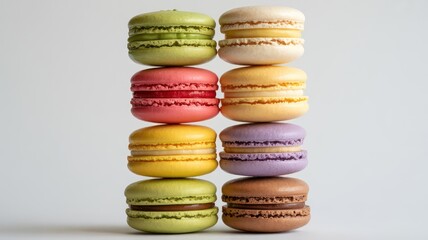 A playful tower of colorful assorted French macarons stacked against a clean white background.