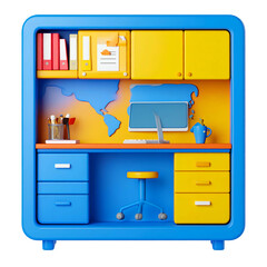 Cartoon rendering of a workspace with a desk, shelves, laptop, and office supplies